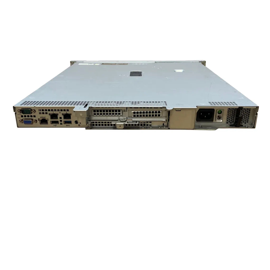 Dell R250 rear: iDRAC port, 2x 1GbE, PCIe slots and power supply