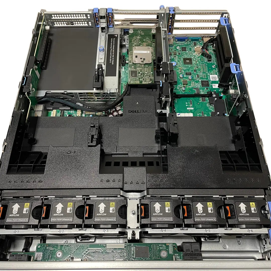 Dell R740XD inside view with air shroud: six High Performance fans and three PCIe risers