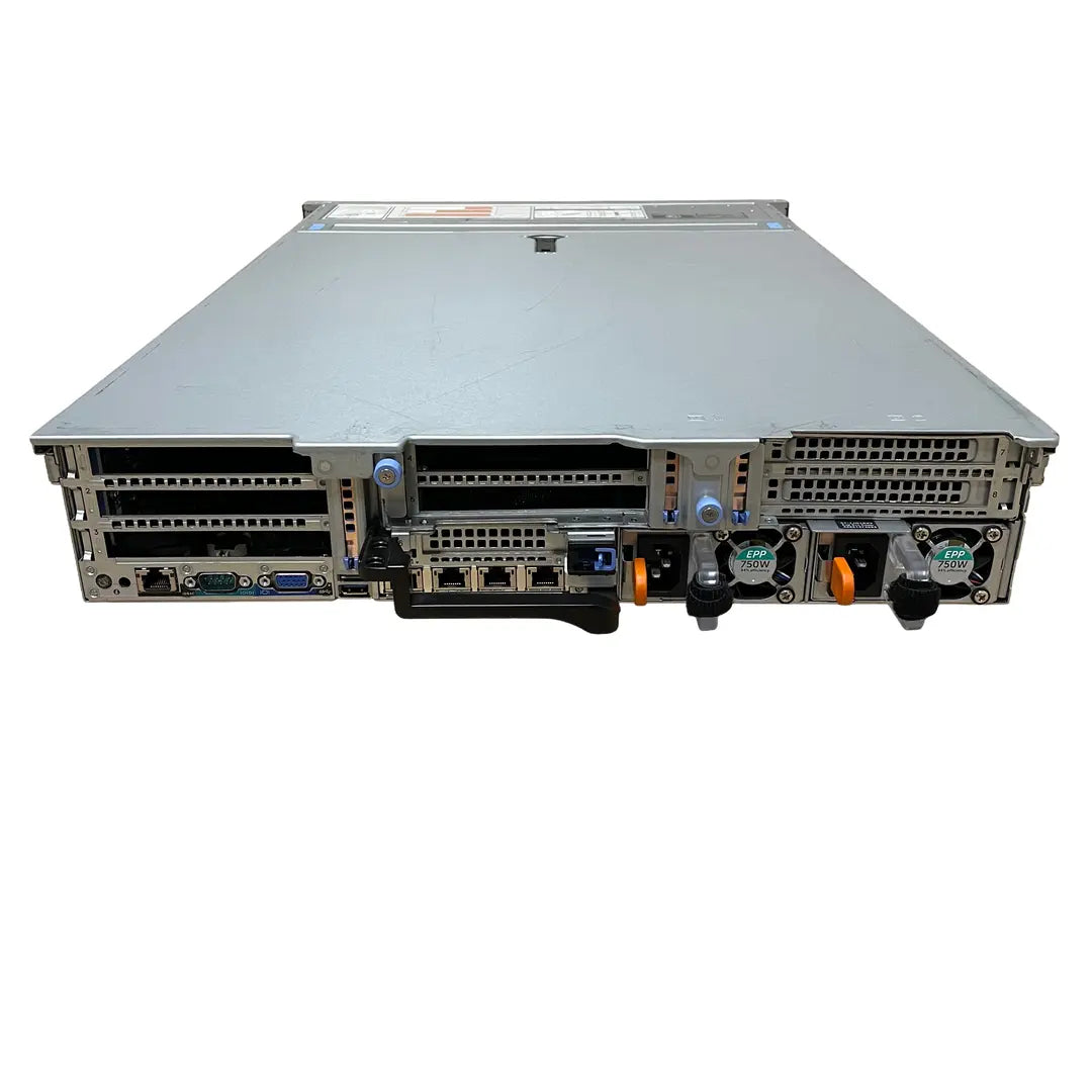 Dell R740XD rear view: three PCIe risers, X550 4x 10GbE and two 750W power supplies